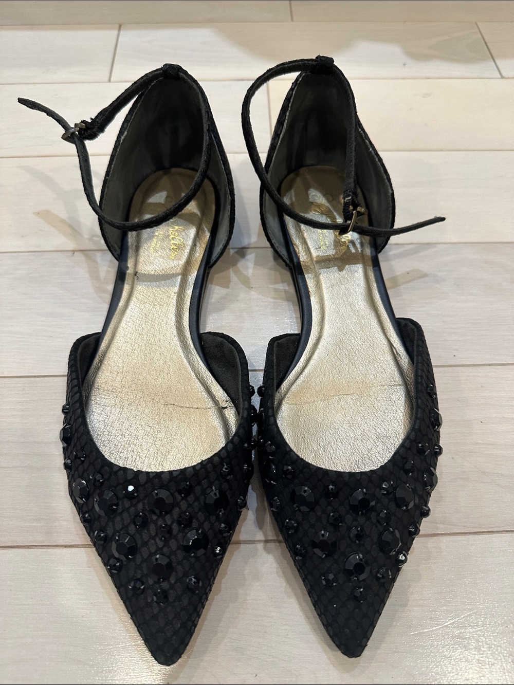 Women's Black Beaded Pointed-Toe Ankle-Strap Flats
